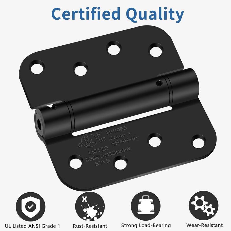 IOQ 4 Inch Self Closing Door Hinges, 5/8" Radius Corners Spring Loaded Hinges for Exterior, Garage, Front and Back Door, UL Listed, for Left and Right Hand Door, Matte Black, 2 Pack - Image 3